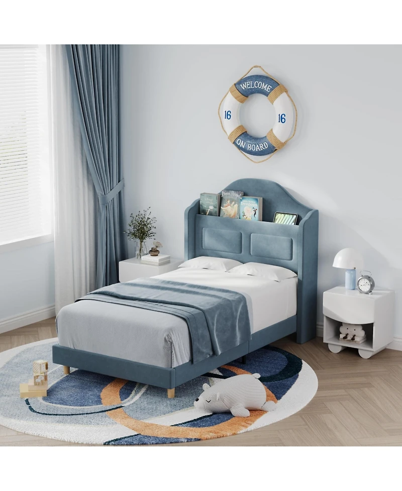 homfan Upholstered Twin Kids Bed with Soft Padded Headboard Led Night Light, Storage, Sturdy Iron and Plywood Frame, Easy Assembly
