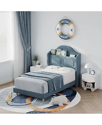 homfan Upholstered Twin Kids Bed with Soft Padded Headboard Led Night Light, Storage, Sturdy Iron and Plywood Frame, Easy Assembly