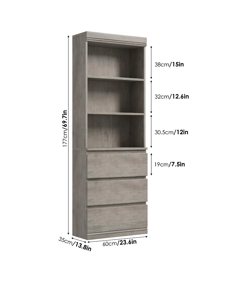 homfan 70" Tall Bookcase with 3 Drawers and 3 Open Shelves, Modern Storage