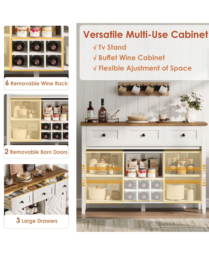 homfan Rustic Sideboard Cabinet Sliding Barn Door, 3 Drawers, Wine Rack and Adjustable Shelf for Dining Room or Living Room