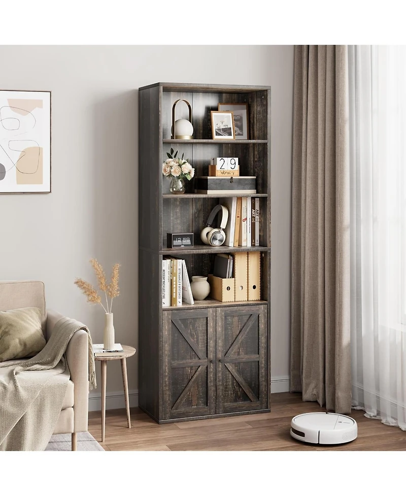 homfan 71.4" Tall Industrial Large Bookcase with Doors Floorstanding Shelving Unit with Storage Shelves for Living Room, Bedroom or Office