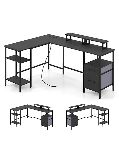 Slickblue Corner Computer Desk with Power Outlet and Storage Space