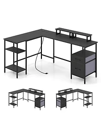 Slickblue Corner Computer Desk with Power Outlet and Storage Space