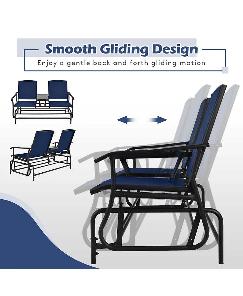 Slickblue Double Rocking Patio Loveseat with Tempered Glass Table and Mesh Fabric
