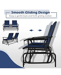 Slickblue Double Rocking Patio Loveseat with Tempered Glass Table and Mesh Fabric