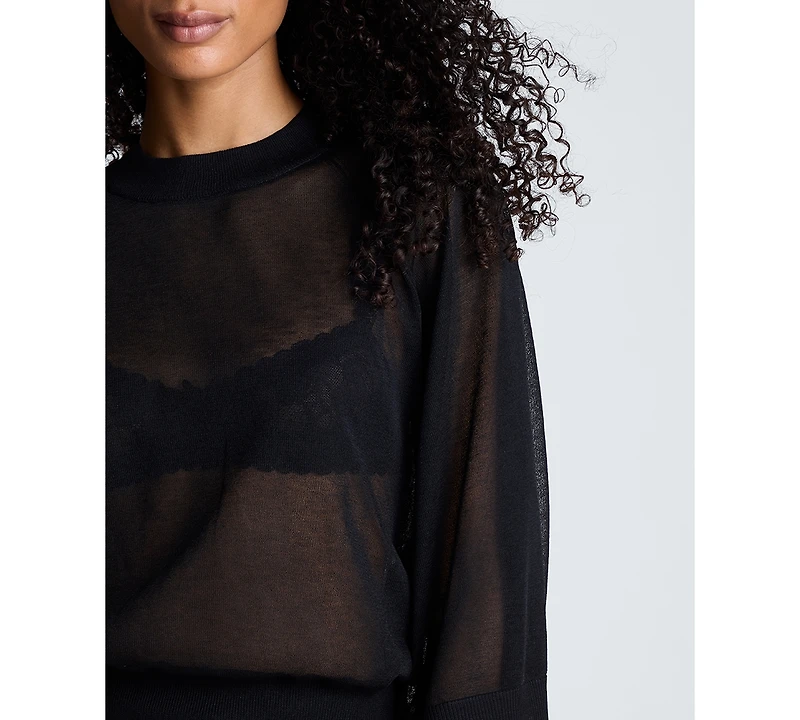 Kenneth Cole Women's Semi-Sheer Raglan Crewneck Cropped Sweater