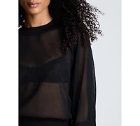 Kenneth Cole Women's Semi-Sheer Raglan Crewneck Cropped Sweater
