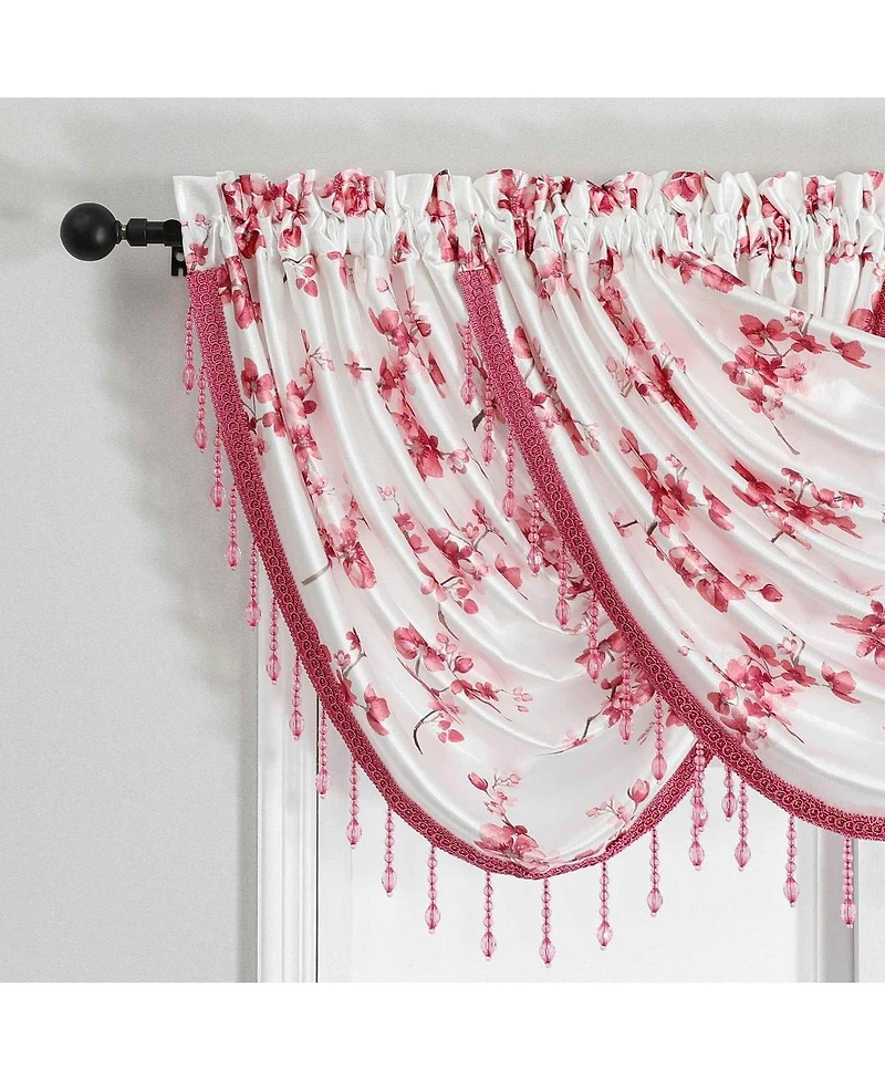 Kate Aurora 3 Piece Printed Cherry Blossom Beaded Rod Pocket Window Valances