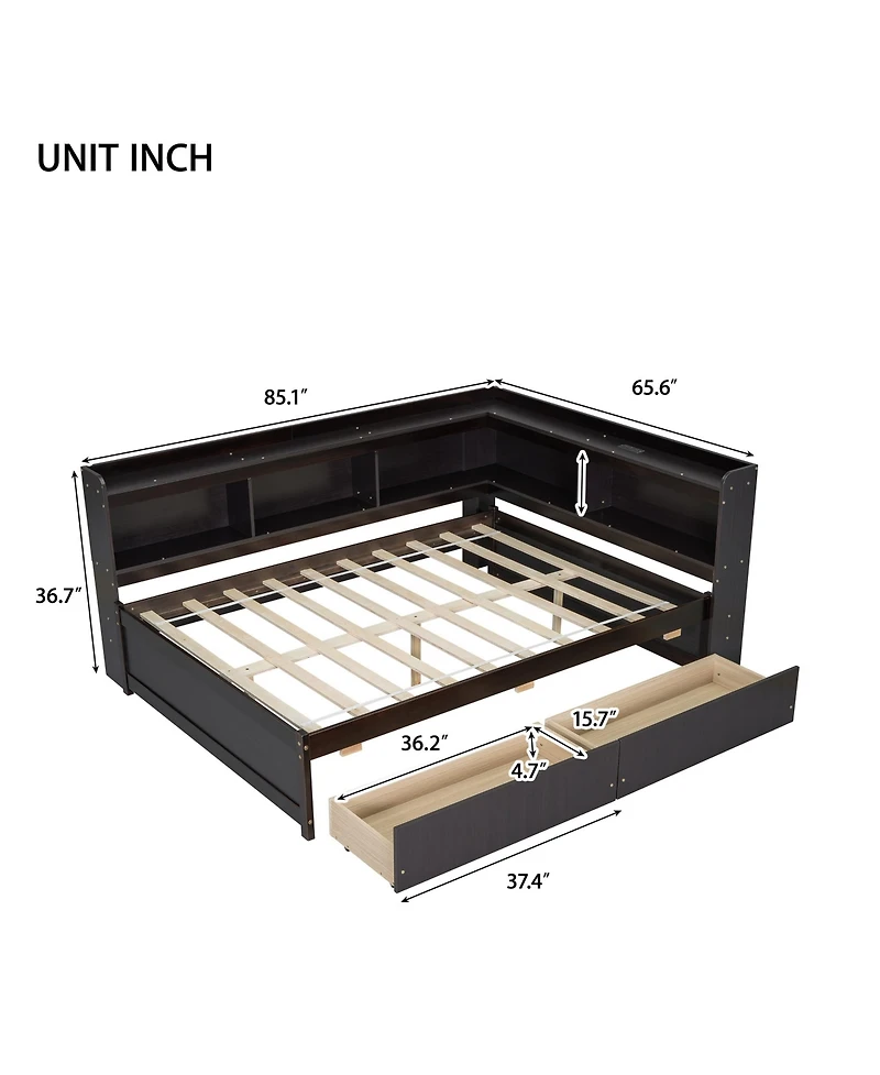 Sailvan L-shaped Bookcases Bed with Power Outlets, Usb Charging Ports,Two Drawers
