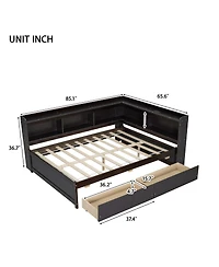 Sailvan L-shaped Bookcases Bed with Power Outlets, Usb Charging Ports,Two Drawers