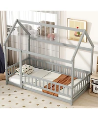 Sailvan House Floor Wooden Bed with Roof Frame,Safety Guardrails