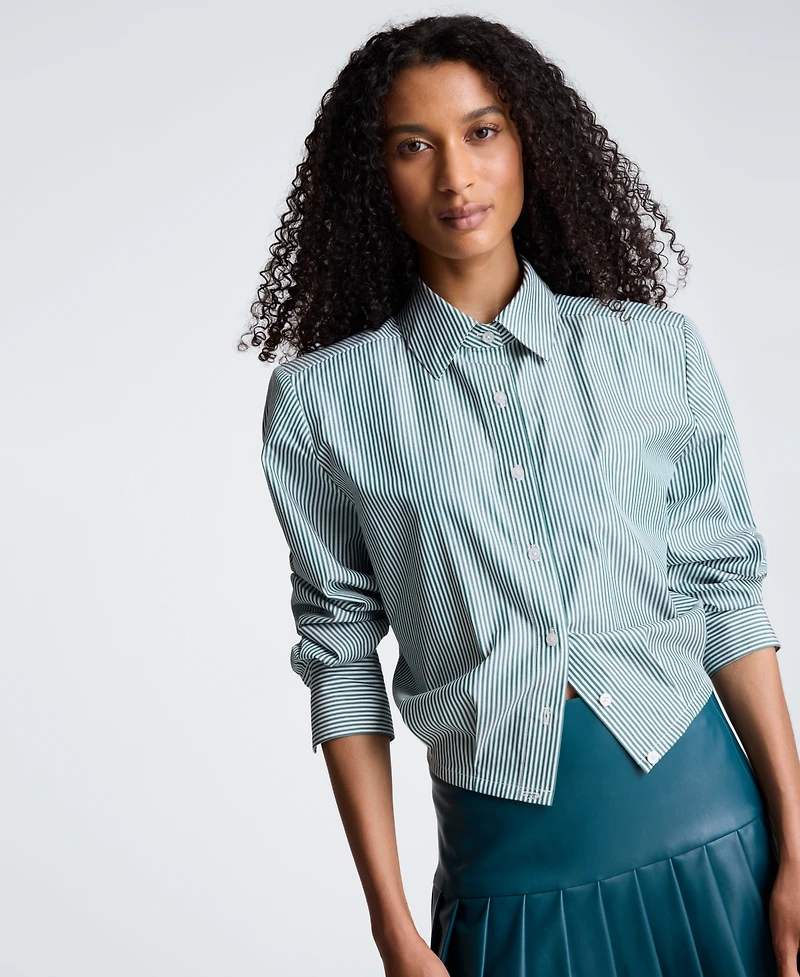 Kenneth Cole Women's Striped Shoulder Pads Button-Down Crop Shirt