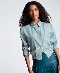 Kenneth Cole Women's Striped Shoulder Pads Button-Down Crop Shirt