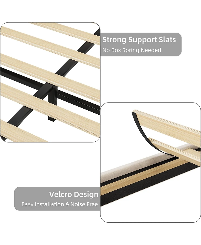 homfan Trendy Padded Platform Bed with Adjustable Headboard, Led Lighting and Charging Outlet, Sturdy Wood Slats, No Box Spring Needed, Easy Assembly