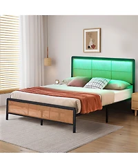 homfan Rattan Platform Bed Frame with Led Headboard, Modern Boho Cane Style, Heavy Duty Metal Frame, Steel Slats, No Box Spring Needed