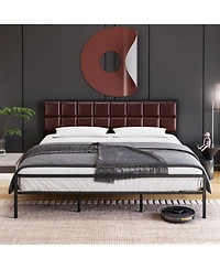 homfan Modern Faux Leather Upholstered Platform Bed, Metal Steel Slats Construction, Underbed Storage Space, Optional Box Spring, Easy Assembly