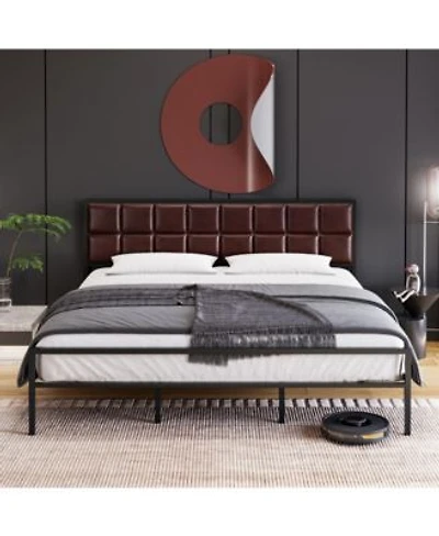 Homfan Modern Faux Leather Upholstered Platform Bed Metal Steel Slats Construction Underbed Storage Space Optional Box Spring Easy Assembly