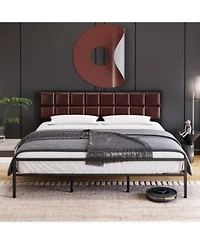 Homfan Modern Faux Leather Upholstered Platform Bed Metal Steel Slats Construction Underbed Storage Space Optional Box Spring Easy Assembly