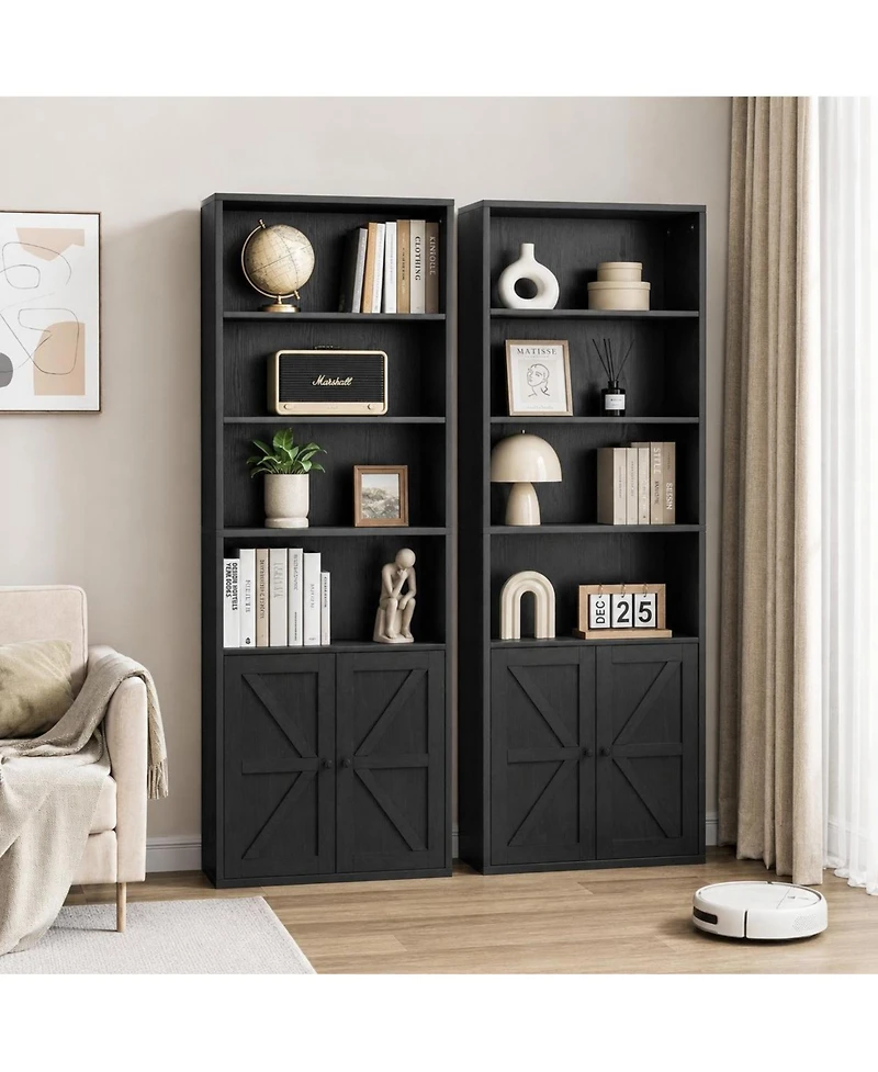 homfan Set of 2 Industrial Bookcase with Doors 71.4" Tall Bookshelf with Storage Shelves for Living Room, Bedroom or Office