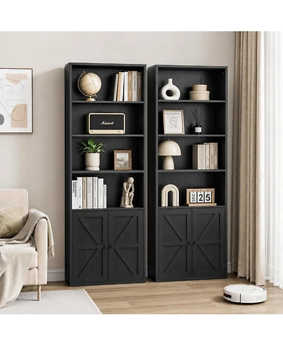 homfan Set of 2 Industrial Bookcase with Doors 71.4" Tall Bookshelf with Storage Shelves for Living Room, Bedroom or Office