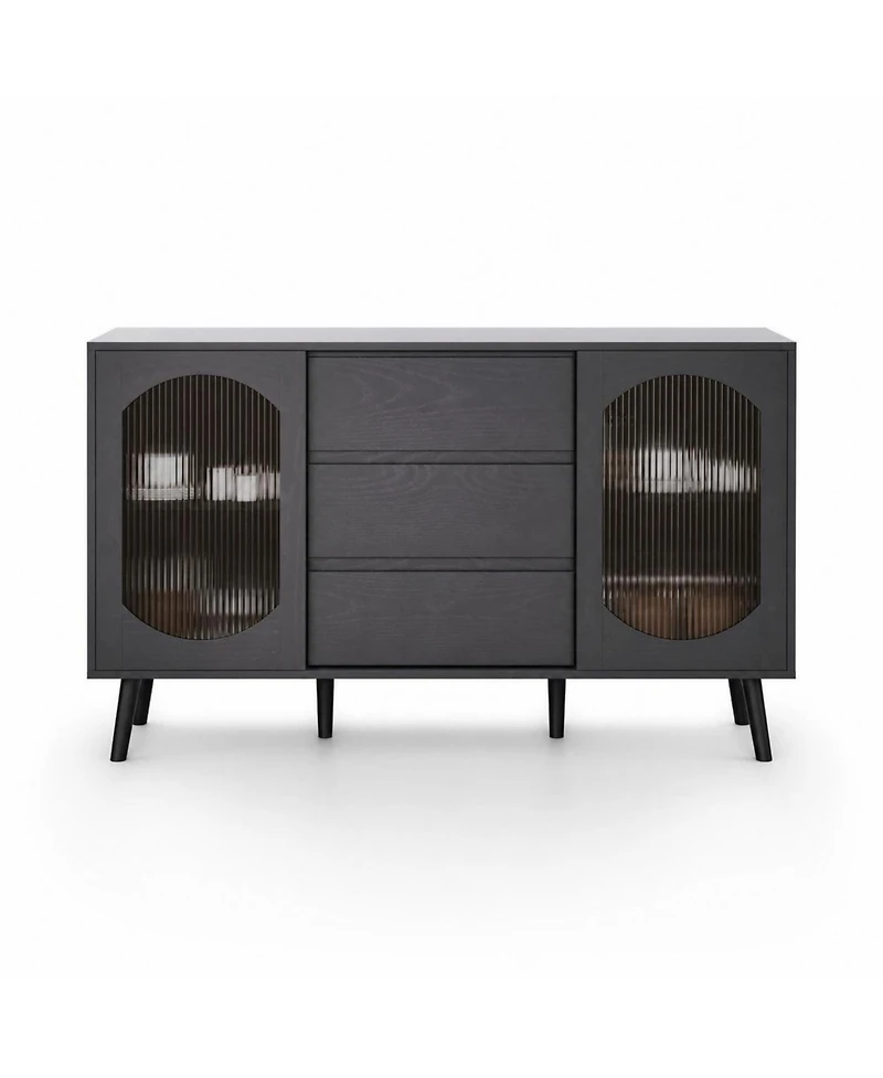 homfan 52.7'' Buffet Cabinet with 2 Fluted Glass Doors, 3 Drawers and Adjustable Shelves, Storage Sideboard for Kitchen, Dining Room or Living Room