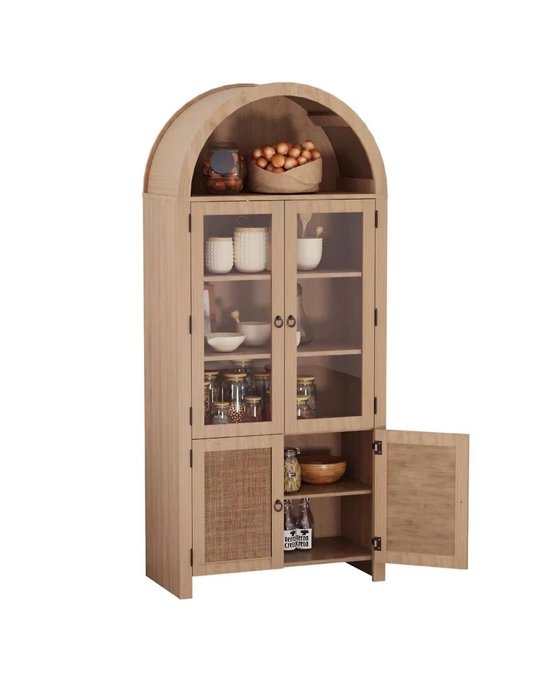homfan 71-Inch Arched Bookcase with Glass Doors and Rattan Accent, 6-Tier Display Cabinet, Adjustable Shelves