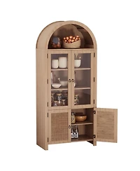homfan 71-Inch Arched Bookcase with Glass Doors and Rattan Accent, 6-Tier Display Cabinet, Adjustable Shelves