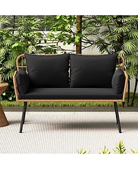 Gymax Patio Wicker Loveseat Furniture w/Seat Back Cushions Heavy-Duty Metal Legs Outdoor