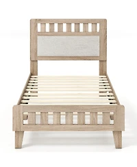Slickblue Mid-Century Modern Bed Frame with Wood Base and Upholstered Headboard