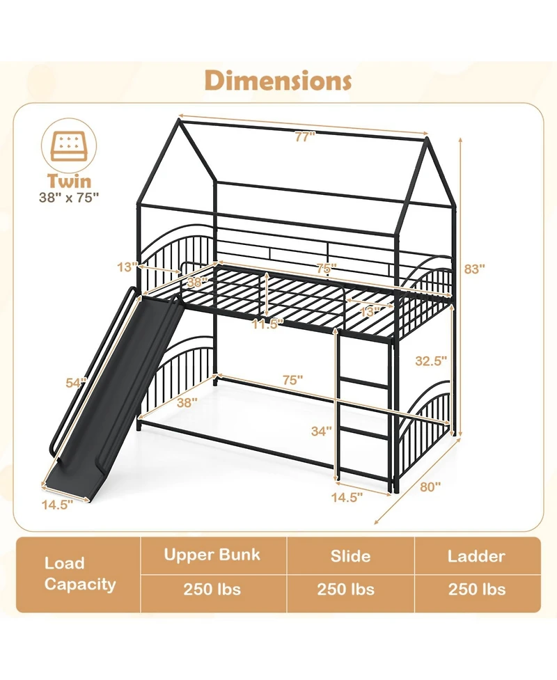 Slickblue House Bunk Bed Twin Over with Metal Slats and Sturdy Frame Design