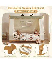 Slickblue Wood Twin Floor Bed House Frame with Kids Tent Canopy Style