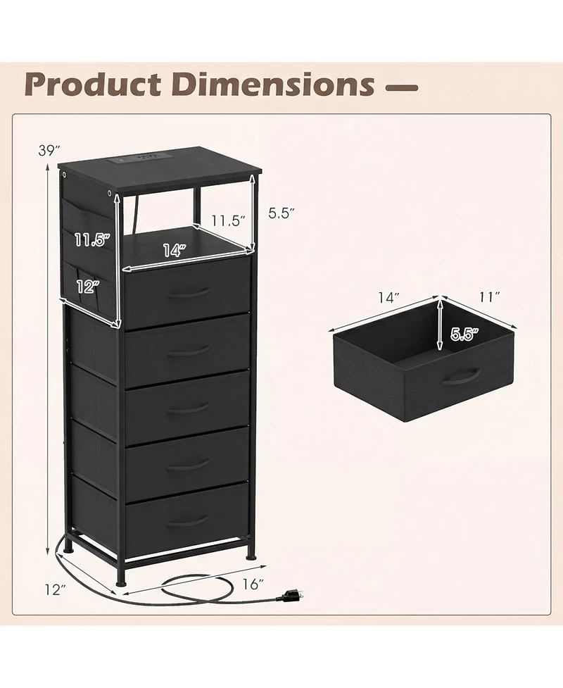 Slickblue Modern Nightstand 39" with Charging Station and Storage Shelf