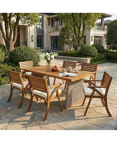 Asagikoiai 7-Piece Outdoor Patio Dining Set with 70" Acacia Wood Table and 6 Wicker Chairs