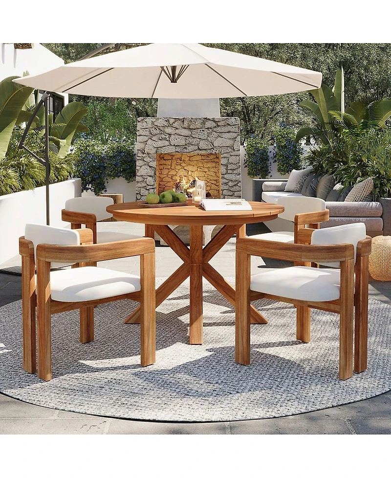 Asagikoiai 5 Piece Outdoor Acacia Wood Round Dining Set with Cushioned Chairs for Patio or Garden