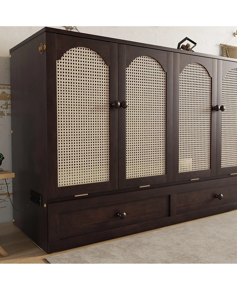 Sailvan Queen Size Murphy Bed, Pine Wood Cabinet Bed with Power Station and Rattan Decoration Panel