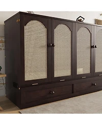 Sailvan Queen Size Murphy Bed, Pine Wood Cabinet Bed with Power Station and Rattan Decoration Panel