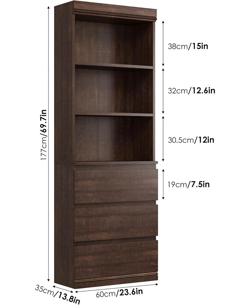 homfan 70" Tall Bookcase with 3 Drawers and 3 Open Shelves