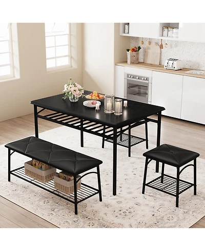 homfan 4-Piece Storage Dining Set, Pu Padded Bench and Stools, Space Saving Engineered Wood Kitchen Furniture