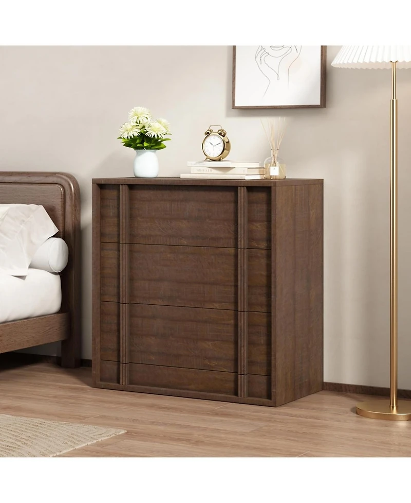 homfan 3-Drawer Red-Brown Storage Cabinet Modern Nightstand with Vertical Handle for Bedroom or Living Room