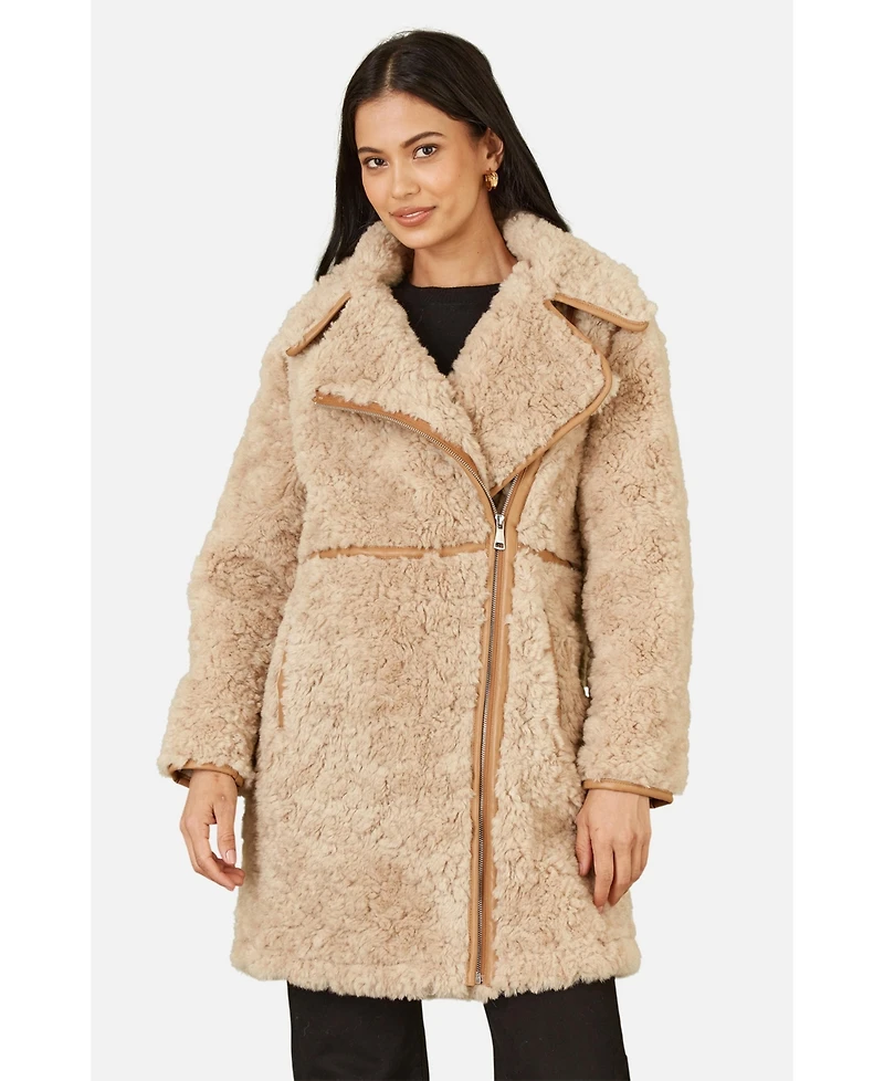 Yumi Women's Textured Borg Long Line Biker Coat