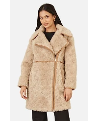 Yumi Women's Textured Borg Long Line Biker Coat