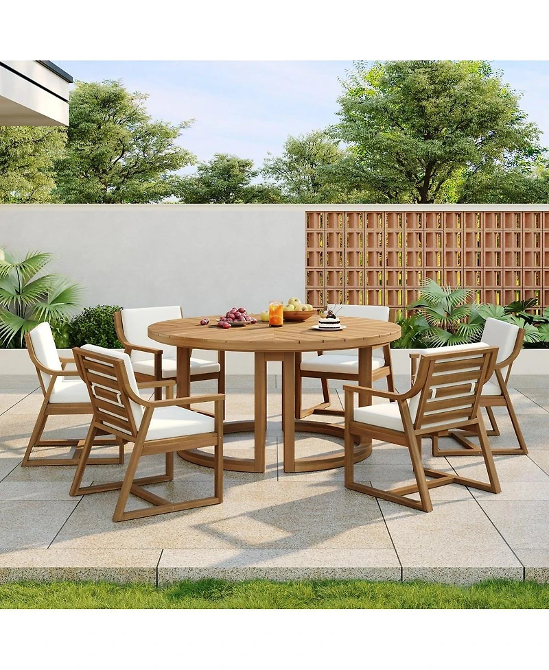 Asagikoiai 7 Piece Wooden Patio Dining Set with Umbrella Hole and Cushioned Chairs