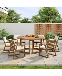Asagikoiai 7 Piece Wooden Patio Dining Set with Umbrella Hole and Cushioned Chairs