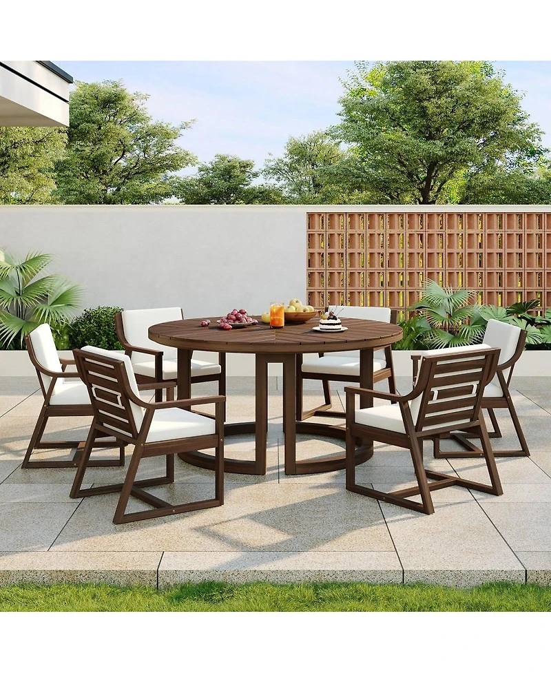 Asagikoiai 7 Piece Wooden Patio Dining Set with Umbrella Hole and Cushioned Chairs