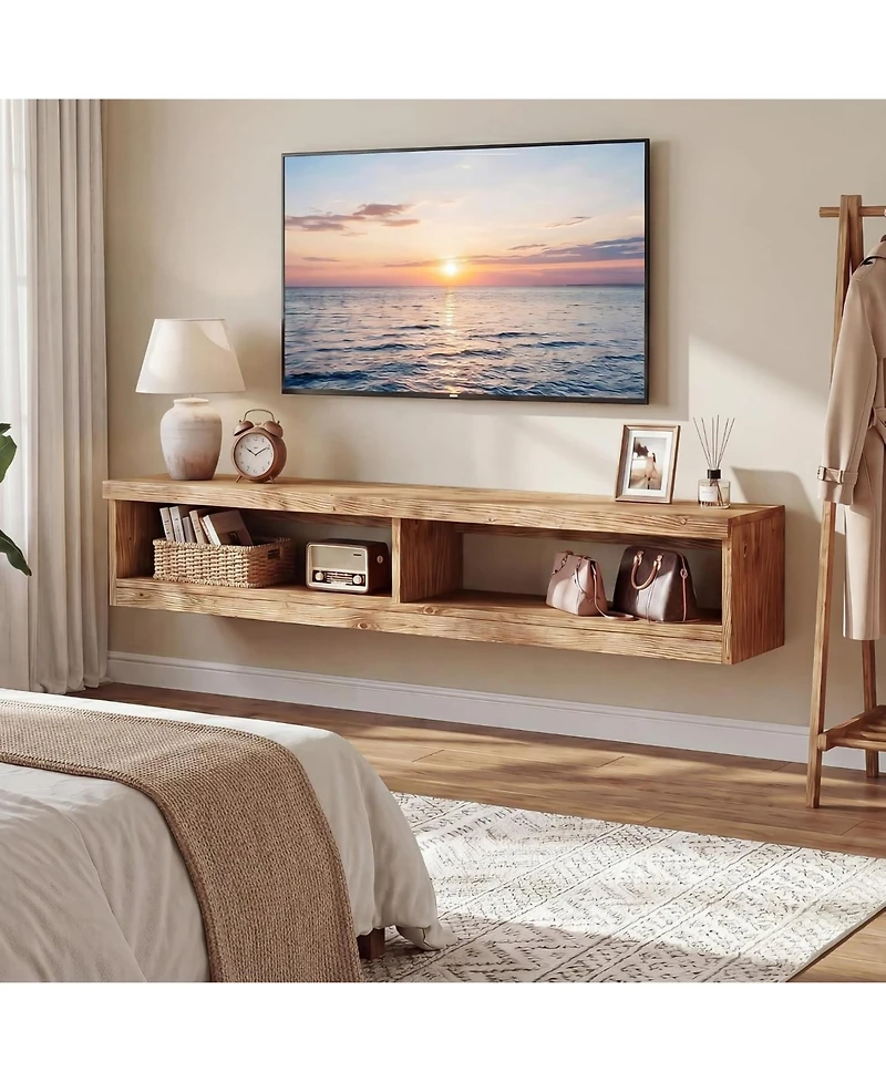 Tribesigns Solid Wood Floating Tv Stand:55" farmhouse wall mounted console. Media entertainment center for living room, bedroom, small space.