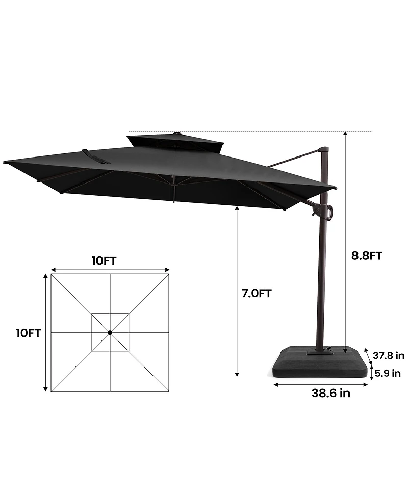 Pellebant 10x10Feet Outdoor Patio Double Top Square Aluminum Cantilever Umbrella with Base