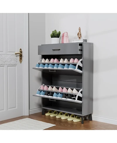 Clihome Shoe Storage Cabinet, Free Standing Organizer with 2 Flip Drawers, Hidden Rack