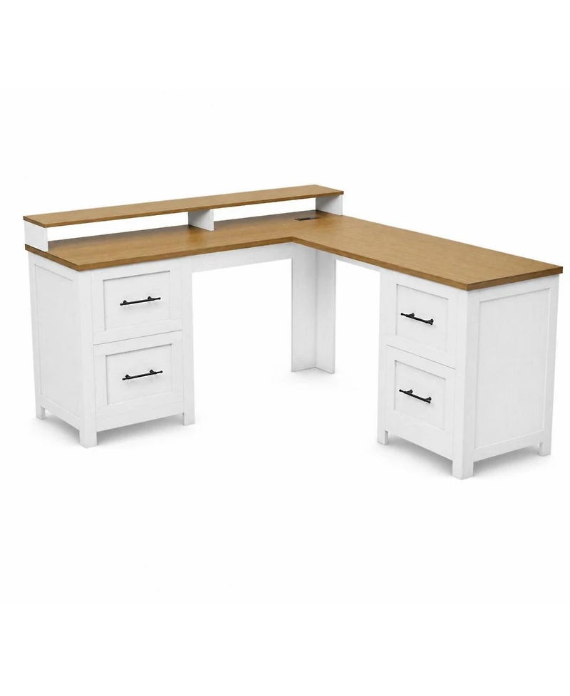 gaomon 63" L-Shaped Executive Desk with 4 File Drawers and Power Outlet – Corner Computer Desk with Monitor Stand, Home Office Desk