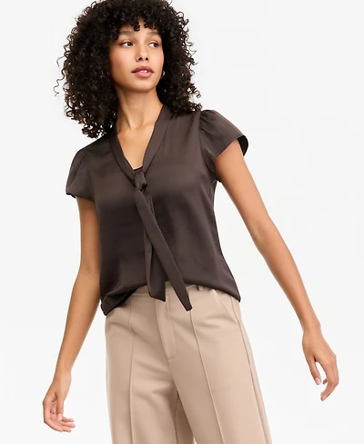 Bar Iii Women's Satin Tie-Neck Flutter-Sleeve Short-Sleeve Blouse, Macy's Exclusive