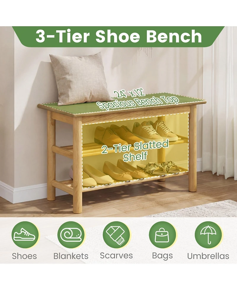 Slickblue 3-Tier Shoe Rack Bench with Rubber Wood Frame for Entryway Storage